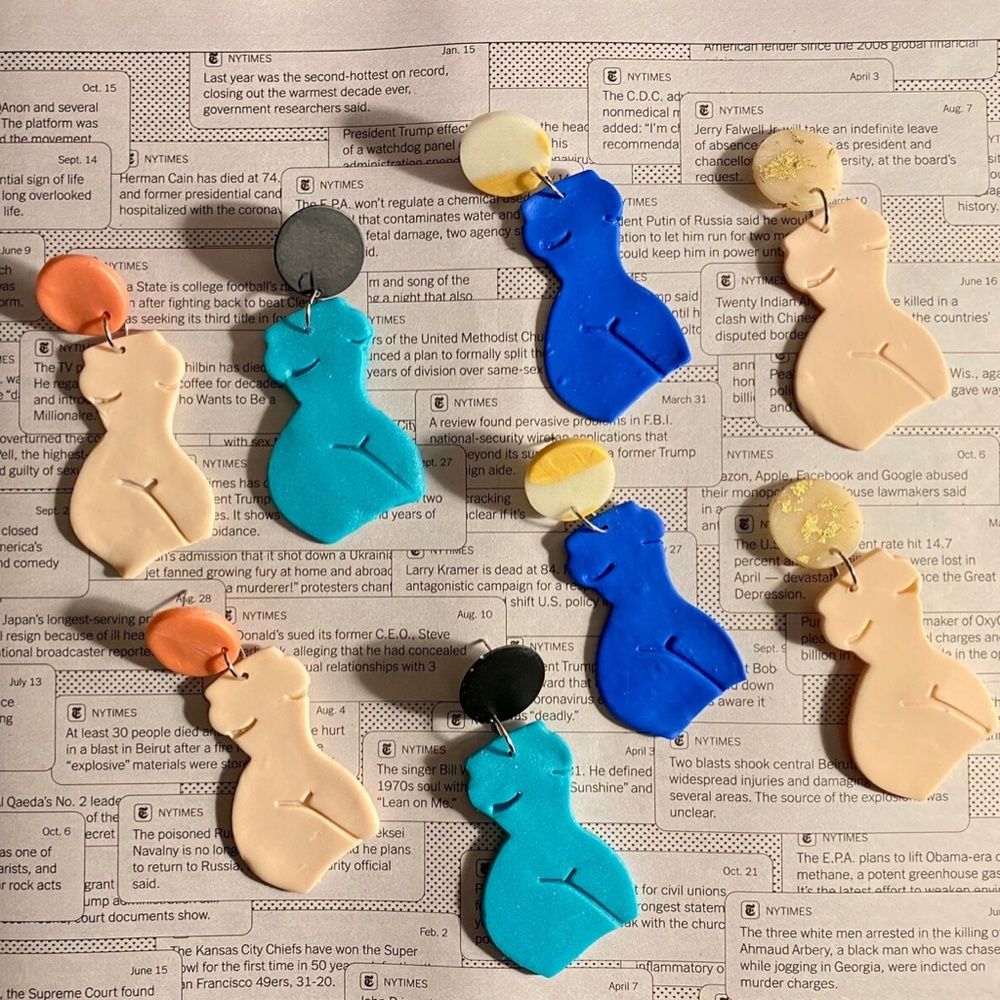 Handmade Clay Earrings | Forms of a Woman Silhouette | Tan and White Blend - Picture 7 of 7